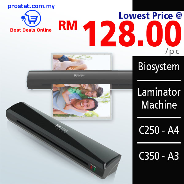 Biosystem Laminator Machine C250 A4 and C350 A3 for professional document laminating in corporate offices, available from Prostat Office Supplies Malaysia - OfficePlus Malaysia Online B2B Office Supplies (Laminating Machine)
