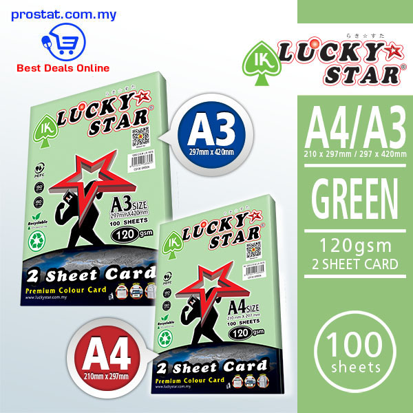 Lucky Star Green Color Card 120gsm A3 A4 190 sheets premium coloured cardstock paper for office presentations, printing and creative projects - Prostat Malaysia Online B2B Office Supplies (Color Paper)