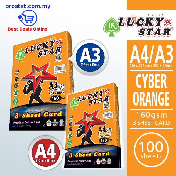 Lucky Star Cyber Orange Color Card 160gsm A3 A4 premium coloured cardstock paper for office presentations, report covers and creative projects - Prostat Malaysia Online B2B Office Supplies (Color Paper)