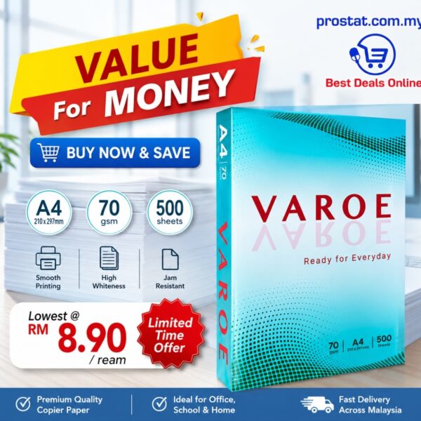 Varoe A4 Copier Paper 70gsm 500 Sheets for office printing, photocopying and document production in Malaysia - Prostat Malaysia Online B2B Office Supplies (A4 Paper)
