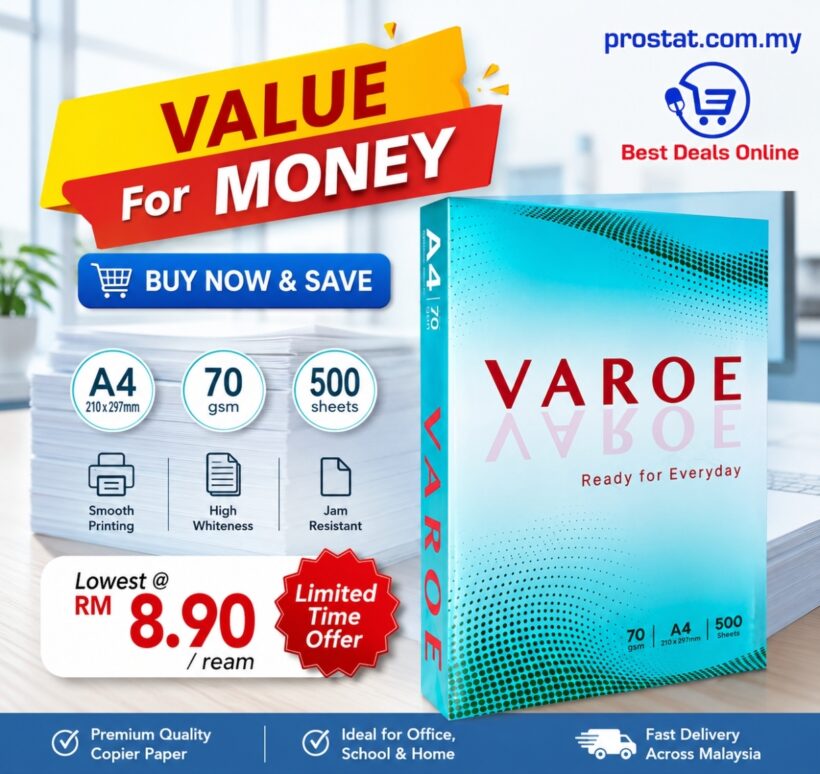 Varoe A4 Copier Paper 70gsm 500 Sheets for office printing, photocopying and document production in Malaysia - Prostat Malaysia Online B2B Office Supplies (A4 Paper)