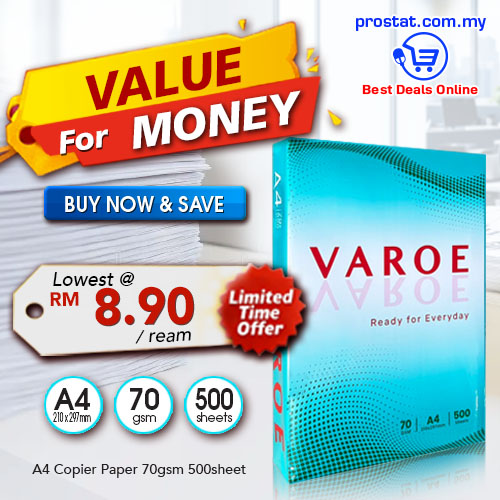 Varoe A4 Copier Paper 70gsm 500 Sheets for office printing, photocopying and document production in Malaysia - Prostat Malaysia Online B2B Office Supplies (A4 Paper)