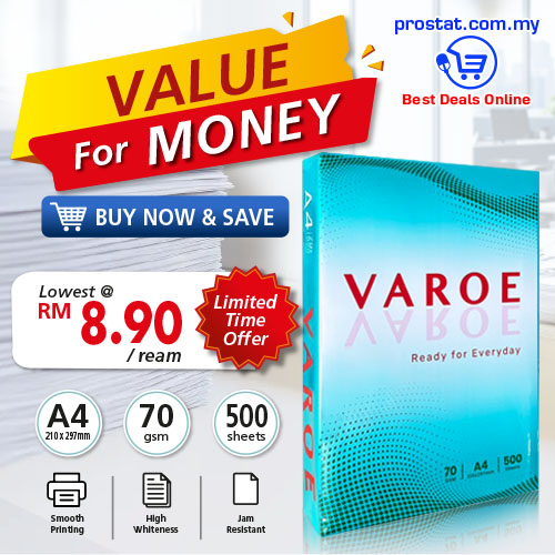 Varoe A4 Copier Paper 70gsm 500 Sheets for office printing, photocopying and document production in Malaysia - Prostat Malaysia Online B2B Office Supplies (A4 Paper)